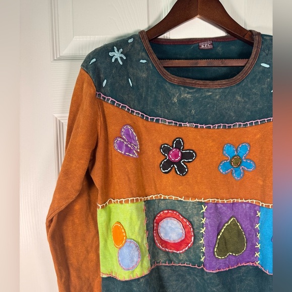 KPC Hippie Patchwork Boho Floral Color Blocking Flowy Sleeve Size Medium - Picture 2 of 8